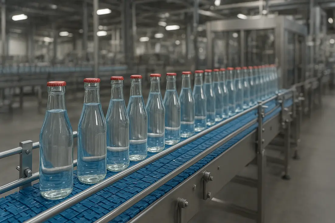 Banda transportadora modular para bebidas en planta embotelladora.