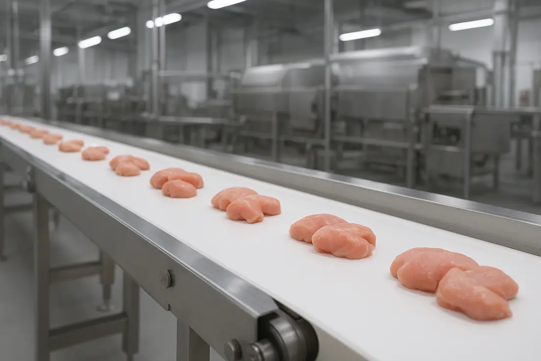 Banda transportadora cárnico en planta de procesamiento de alimentos.