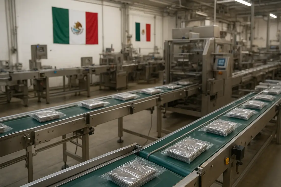 Línea de empaque industrial en México con bandas transportadoras.