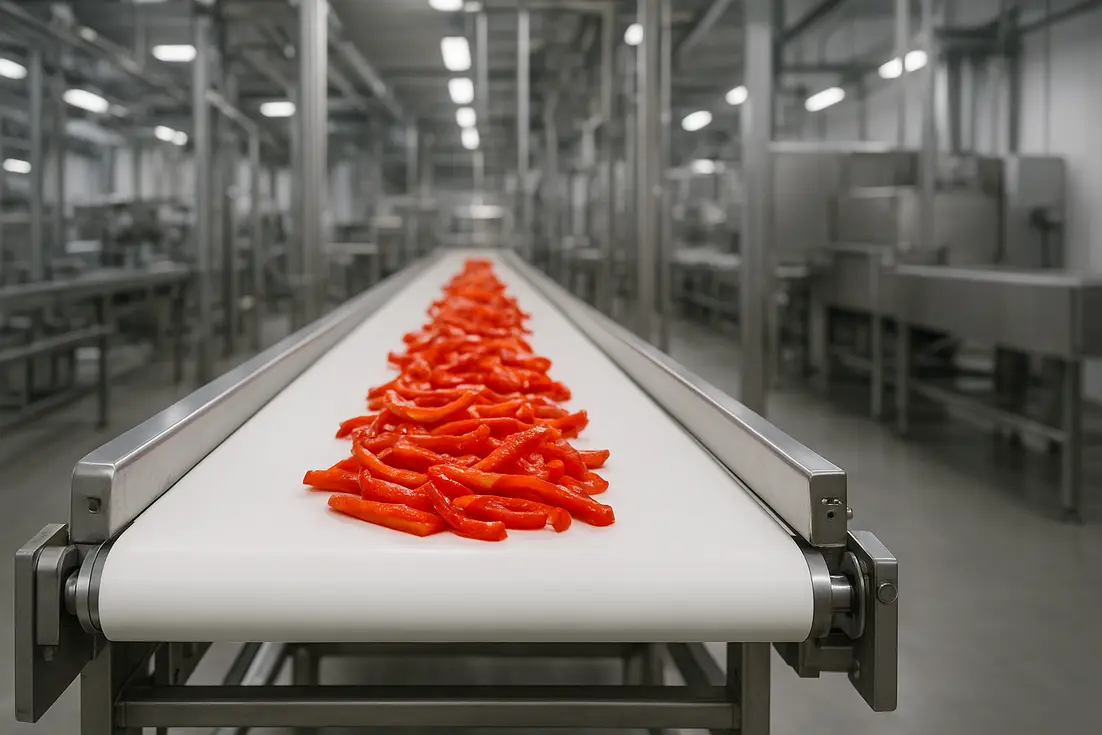 Banda transportadora alimentaria de PVC en instalación moderna.