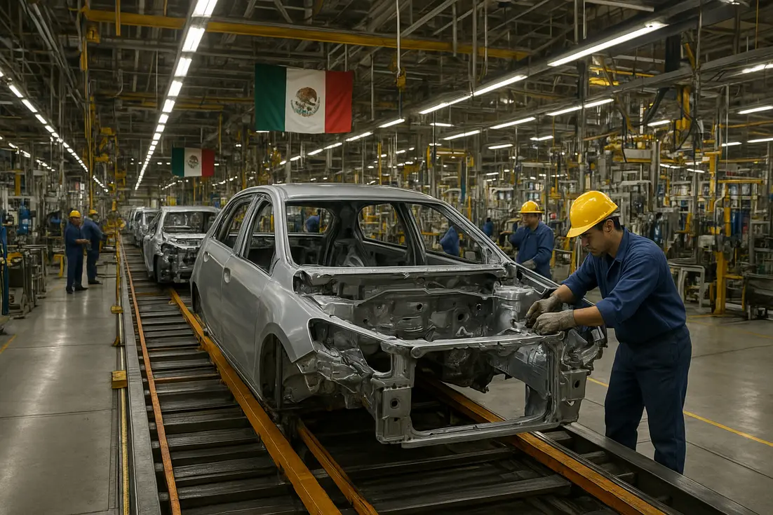 Línea de ensamblaje automotriz en México con bandas transportadoras.
