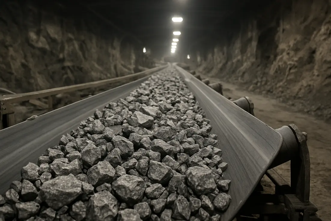 Banda transportadora de caucho para minería moviendo roca triturada.